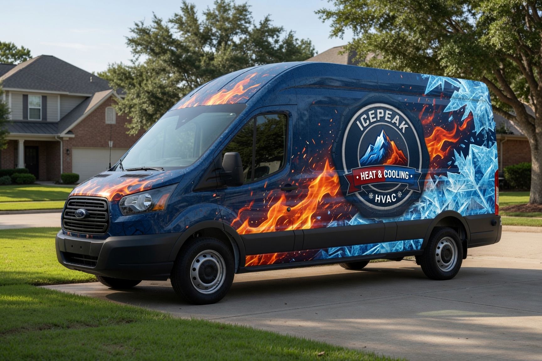 Ice Peak Heating & Cooling branded service van with fire and ice design, parked in a Philadelphia neighborhood