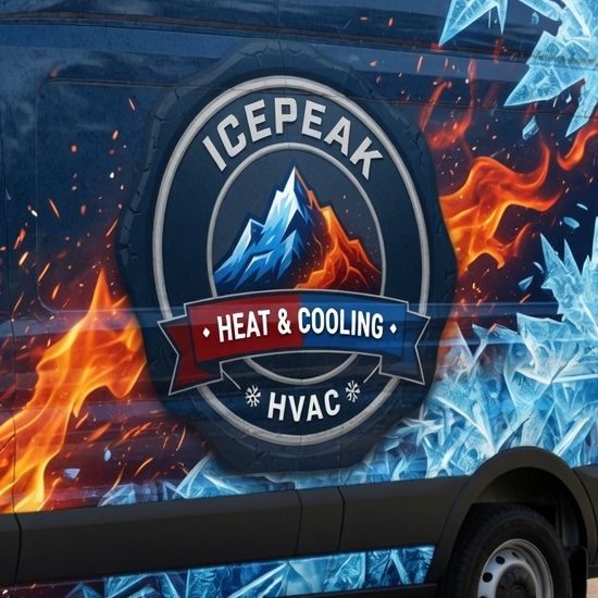 Close-up of the Ice Peak HVAC emblem on a service van