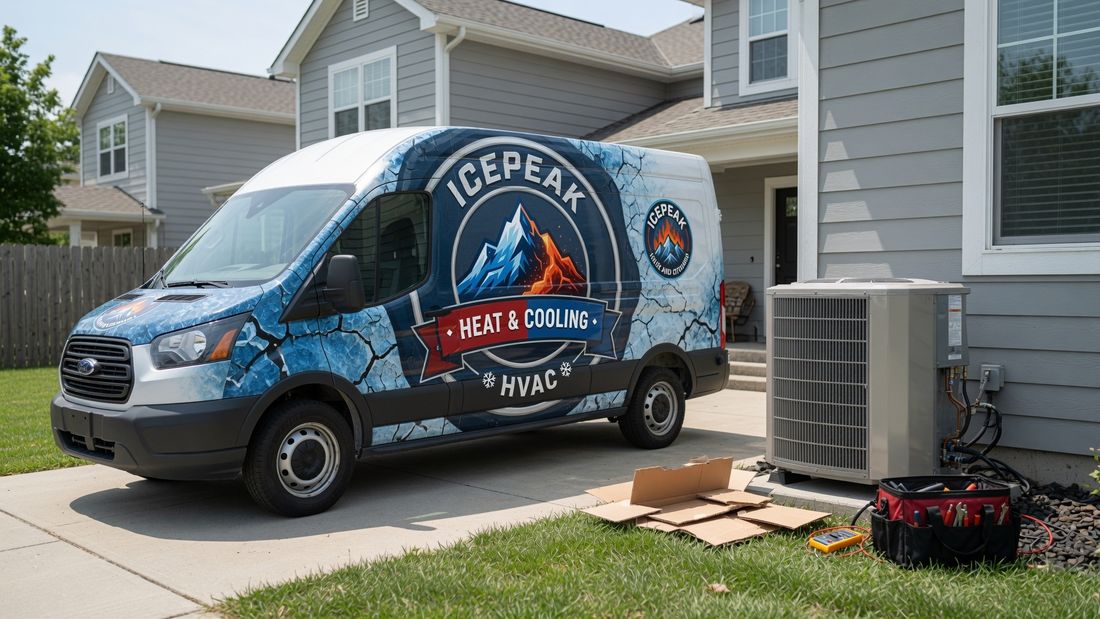 Ice Peak van on site for a brand-new AC condenser installation at a home