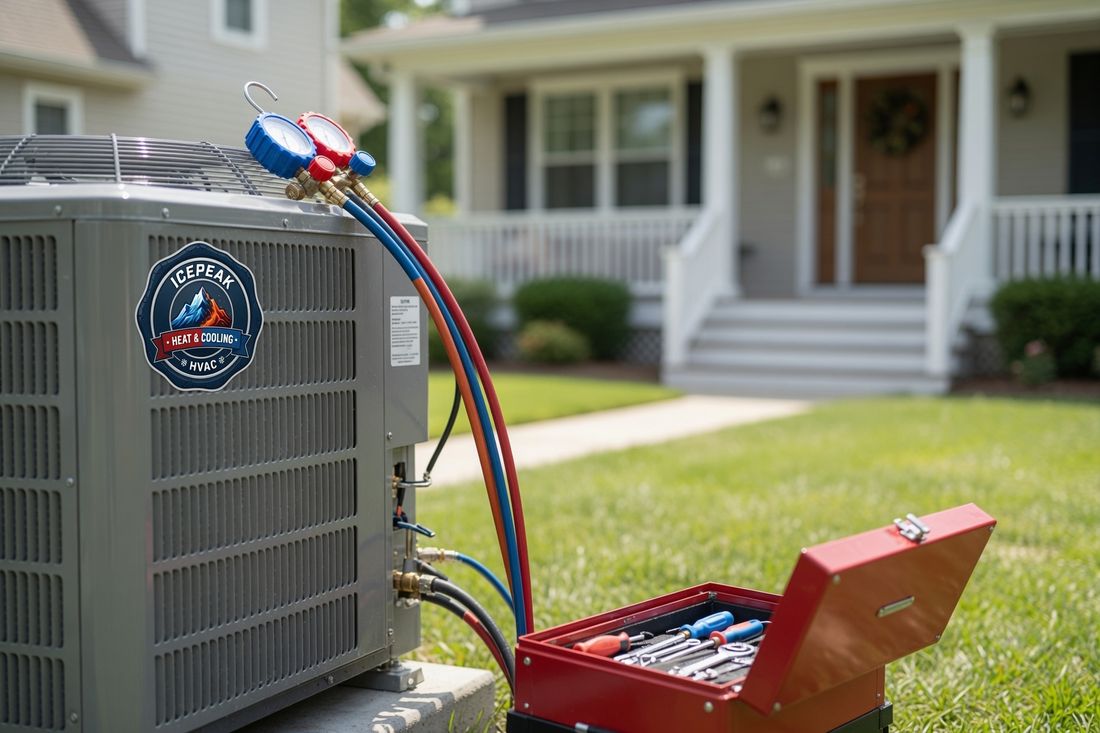 Residential AC condenser service with Ice Peak gauges and tools at a home
