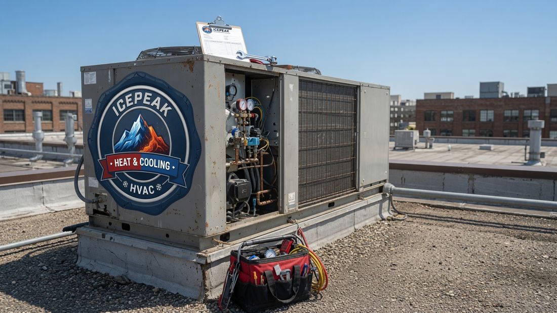 Ice Peak commercial rooftop HVAC unit undergoing repair in Philadelphia