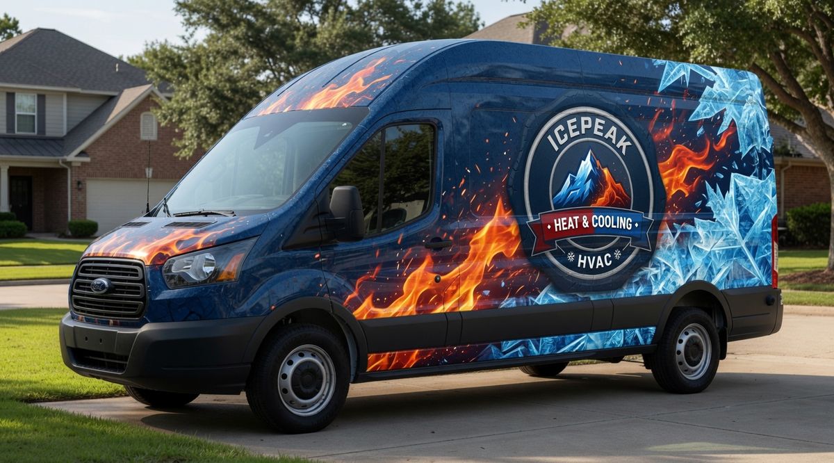 Ice Peak Heating & Cooling fleet van with custom fire and ice wrap